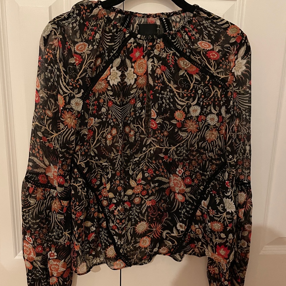 INTERMIX Black Floral Chiffon Blouse with Red, Cream & Tan Accents